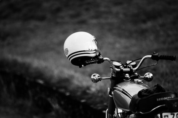 Motorcycle Helmet - grayscale photo of motorcycle with helmet