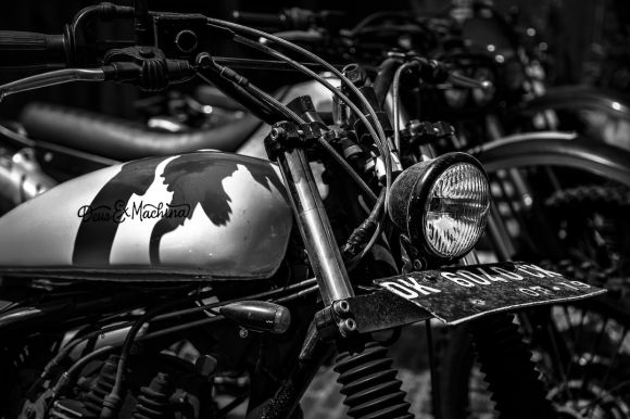 Motobike - grayscale photo of park standard motorcycles